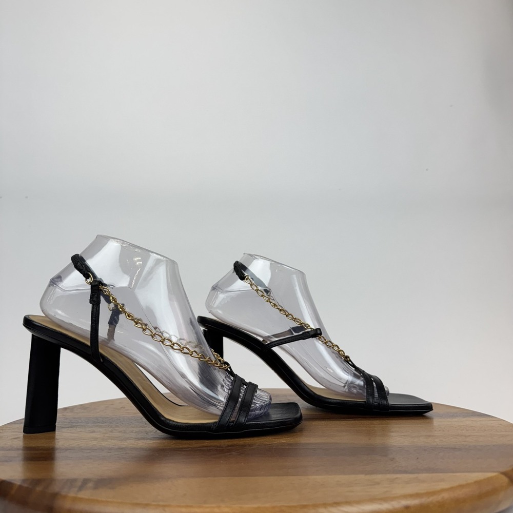 New Womens Frame Denim Le Tati Chain Black Leather Slingback Heel Sandal Size 39